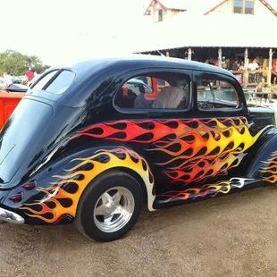 Billy&apos;s Vicky coupe at Hillbillyz.  I watched Jay tape and Billy spray these flames . . . an amazing experience!