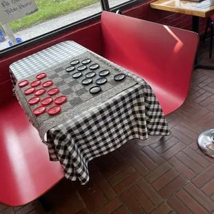 a checkered table and red chairs