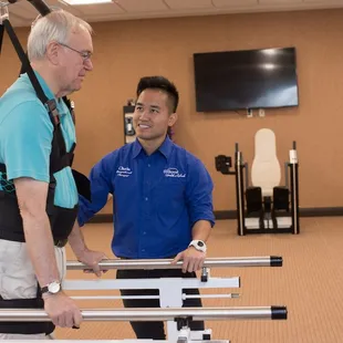 Our state-of-the-art therapy gym features a ceiling track system that assists guests who are non-weight bearing achieve results quicker