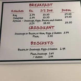 Various breakfast item pricing