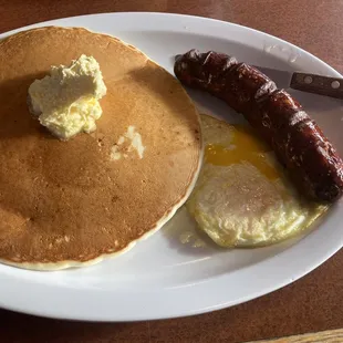 Egg over easy, hot link and pancake... all great!