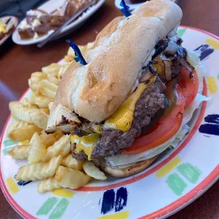 Monster burger with cheese and mushrooms