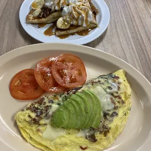 California omelette with banana caramel crepes on the side.