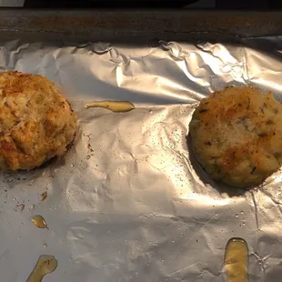 Crab cake on the left and cod cake on the right