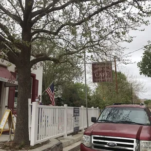 a red truck parked in front