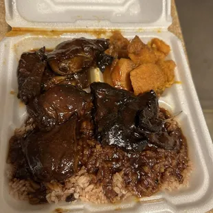 BBQ Jerk chicken, rice and peas and yams