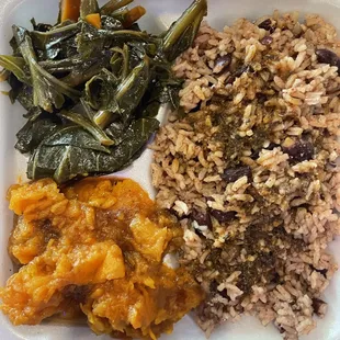 Vegetarian plate (greens, Yams, Rice and Peas)
