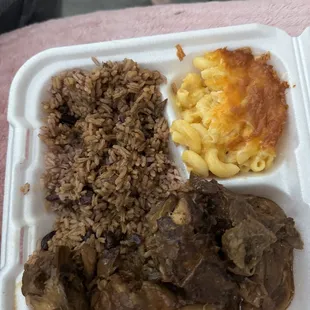 Rice &amp; Peas, Brown Stew Chicken, Mac &amp; Cheese