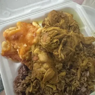 Curry Chicken, Rice &amp; Peas, Mac &amp; Cheese