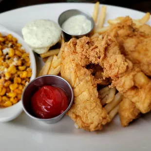 Alaskan fish, fries, and street corn.