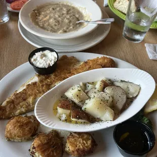 Pan fried walleye and scallops with the butter parsley potatoes. Clam chowder.