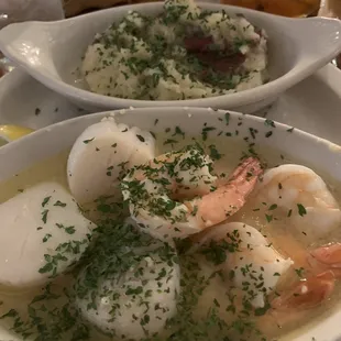 Shrimp and scallops. Garlic mashed
