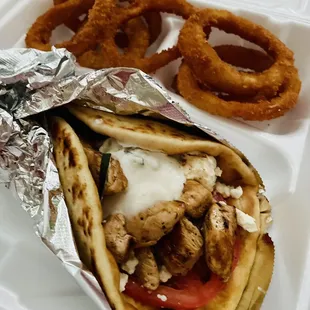 Chicken Souvlaki &amp; Onion Rings