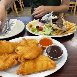 Chicken finger appetizer and Gyro platter.