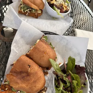 Brisket sandwich and 50/50 with pulled pork and blue sky salad.