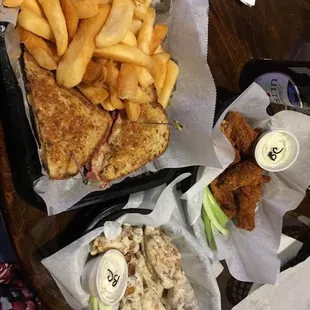 my favorite bone in wings  Grilled Corn beef Ruben with fries