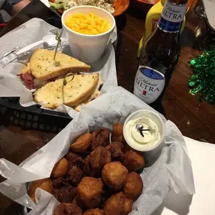 fried mushrooms and corn beef sandwich