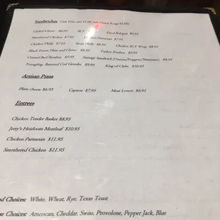 Menu from Hillside Tavern