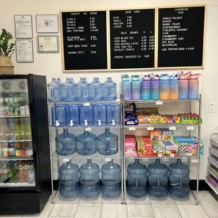 a display of bottled water
