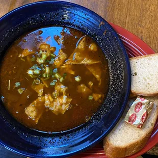 Tortilla soup with beef and chorizo