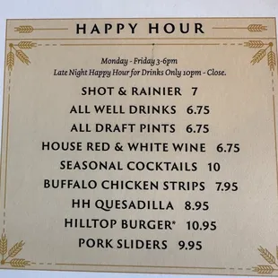 5/8/23 Happy Hour menu