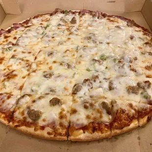 Sausage, Canadian bacon, onion, and green pepper pizza