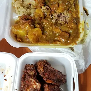 Goat curry. Rice and peas. Jerk chicken wings. Excellent