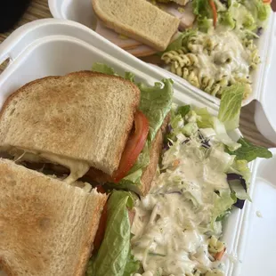 Chicken sandwich and keto bread turkey sandwich with salad and pasta salad! Soooo good