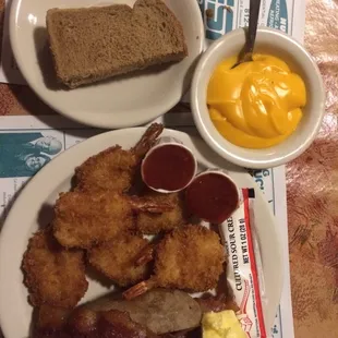 Butterfly shrimp w/loaded baked potato, and rye bread $9.95