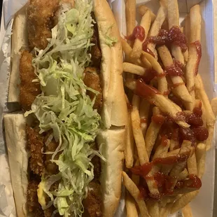 Fried fish sandwich with fried shrimp. Filling and pretty good. Fries, not so much.