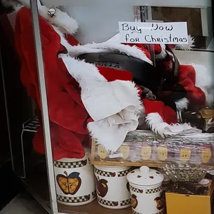 Complete Santa suit.  Inside showcase at front of store.