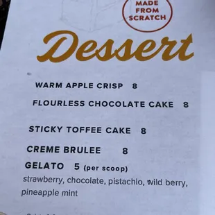 Dessert menu