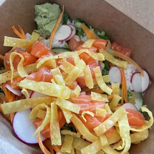 Salmon poke bowl with veggies and tempura strips