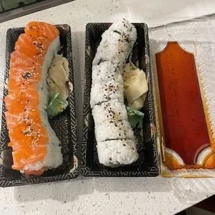 Sushi dinner (salmon roll and avocado/cucumber roll)