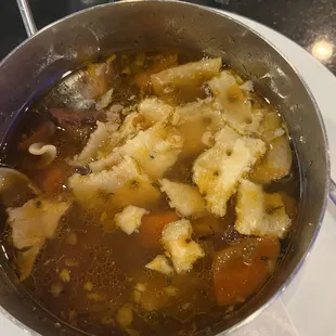 Chicken noodle soup. I put saltines in it to try to absorb some oil. It was a waste of perfectly good saltines.