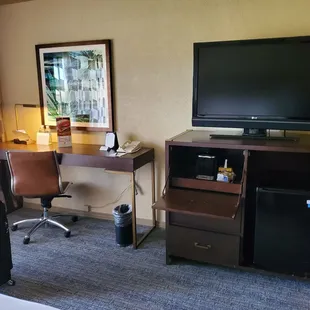 King room with a sofa bed, desk and tv stand. Comes with a small fridge but no microwave.
