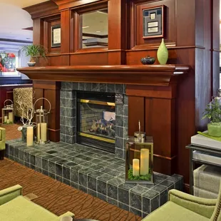 Relax with friends and family by the cozy lobby fireplace.