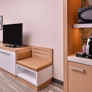 In room Keurig coffee makers, microwaves, and mini fridge.