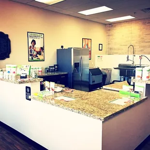 a kitchen counter with a variety of products
