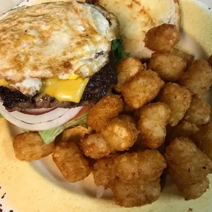 a burger and tater tots