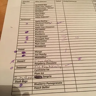 a list of wines on a table