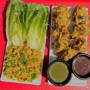 a plate of food on a red tray