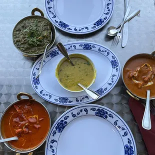 Saag Paneer, Nepali Dal (Lental Soup), Chicken Tikka Masala, Butter Chicken - so delicious! Look at these beautiful colors!!!