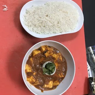 a bowl of tofu and rice