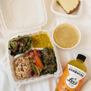 Kombucha, Key lime pie, soup, and moderate plate