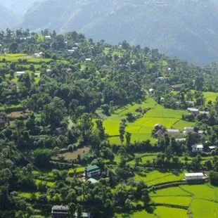 a view of a village in the mountains