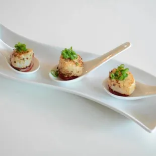 Pickled root vegetable cumin crust scallop .