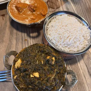 Chicken tikka masala, rice, palak paneer