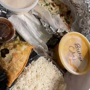 9/2024 takeout butter chicken: creamy, flavorful and tender chicken; best samosas I&apos;ve had so fae