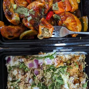 Chili chicken mo-mo and veg samosa chat/chaat